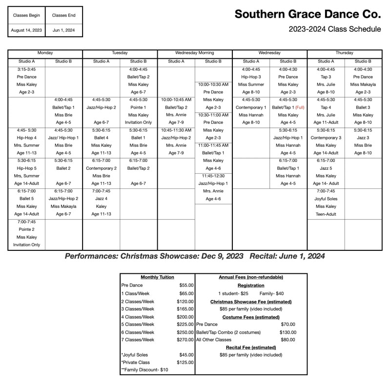 2023-2024 Class Schedule - Southern Grace Dance Company